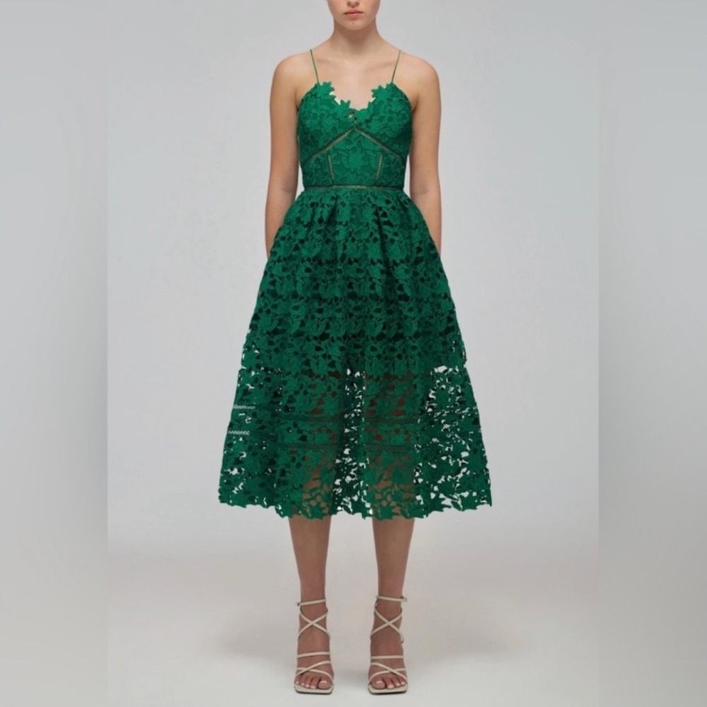 SELF PORTRAIT Green Azaelea Midi Dress Lace Cut Out Size‎ US 4